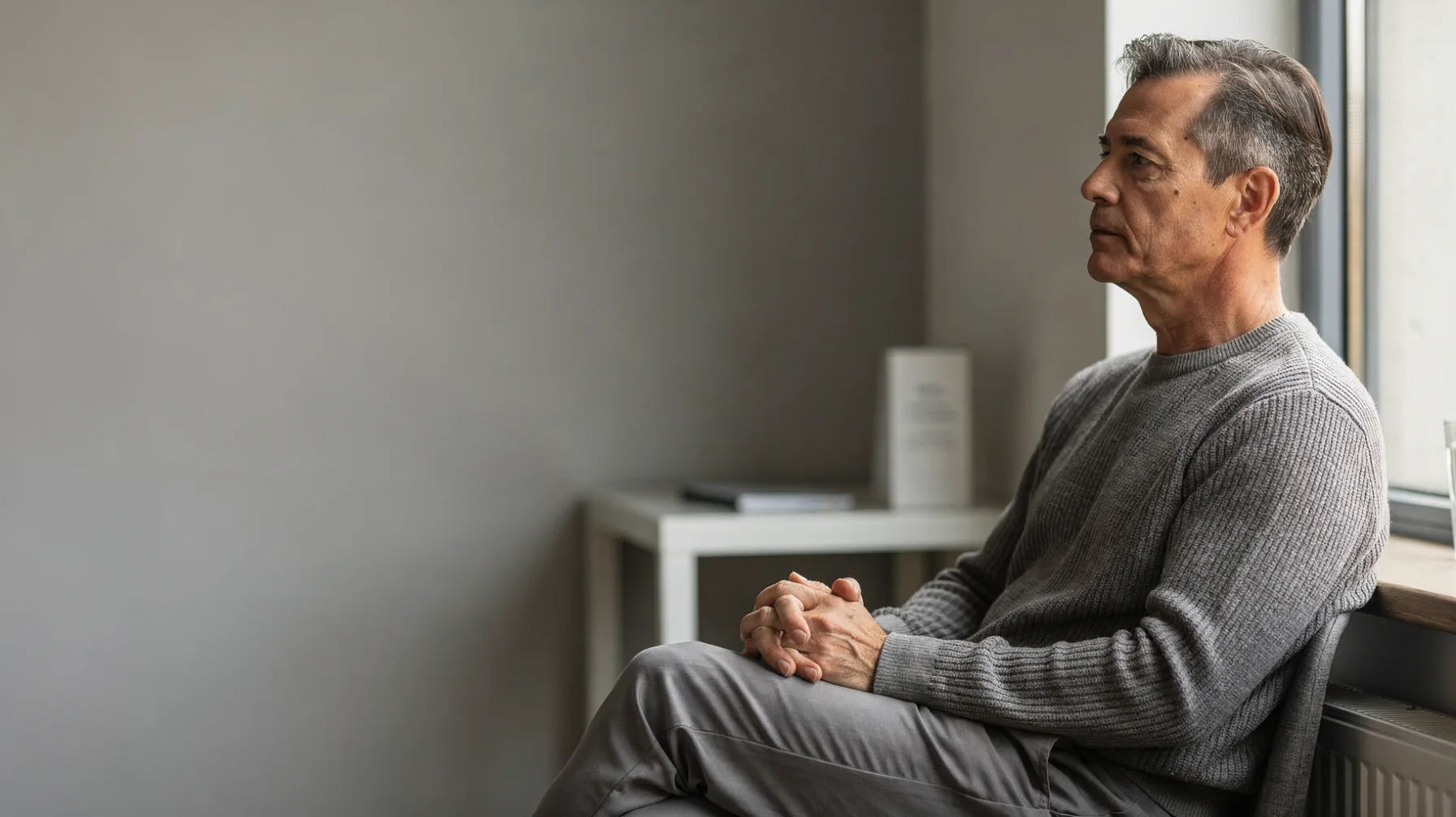 An adult in midlife sitting thoughtfully near a window, considering something quietly