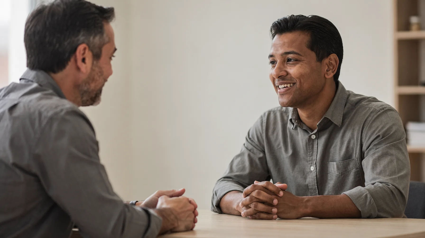 Two adults, one multiracial sitting across a small table having a relaxed conversation